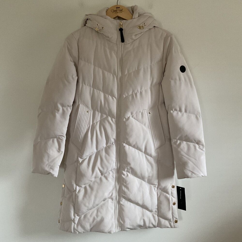 French Connection Hooded Puffer Quilted Jacket Coat Sz M Ecru Water Repellent
